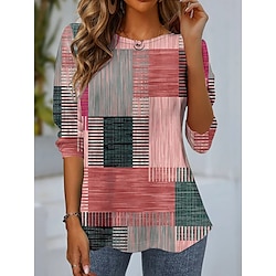 Women's Going Out Tops Geometric Plaid Patchwork Print Party Daily Vacation Vintage Stylish Casual Long Sleeve Round Neck Grass Green All Seasons