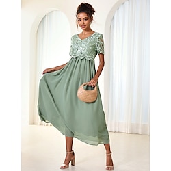 Light in the box Dames A lijn jurk Maxi-jurk Polyester Contrasterend kant Bruiloft gast Cocktailparty Elegant Formeel V-hals Korte mouw Blozend Roze Groen Grijs Kleur