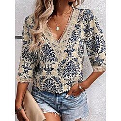 Women's Shirt Blouse Lace Trim Daily Stylish Casual 3/4 Length Sleeve V Neck Navy Blue Summer Spring