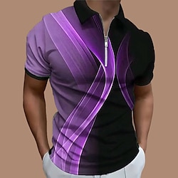 Linear Casual Men's Zip Polo Golf Polo Short Sleeve Outdoor Daily Wear Streetwear Spring  Summer 3D Print Turndown Zip Pink Blue Purple Micro-elastic Polyester