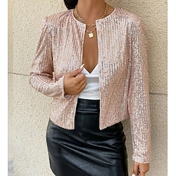 Women's Casual Jacket Dailywear Sequin Solid Color Cool Regular Fit Outerwear Long Sleeve Spring Rose Gold S