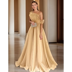 Ball Gown Prom Dresses Elegant Dress Wedding Black Tie Court Train Sleeveless One Shoulder Organza with Ruched 2024