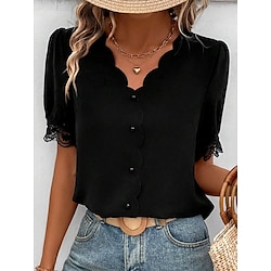 Light in the box Dames Overhemd Blouse Casual Effen Kleur Kant Knop Korte mouw Normale tops V-hals Dagelijks Zwart Zomer