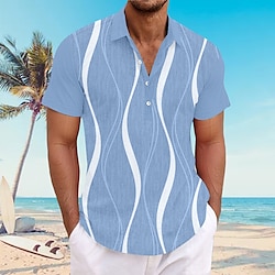 Lines / Waves Hawaiian Resort Men's Henley Shirt Short Sleeve Party Outdoor Business / Ceremony / Wedding Summer Spring Fall Turndown Light Blue White Light Green Pink Navy Blue Polyester