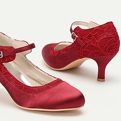 Women's Elegant Red Lace Satin Heels - Comfortable Mid-Heel Mary Jane Dress Shoes with Adjustable Strap for Weddings, Parties, and Formal Events