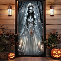 Halloween Door Decorations Ghost Bride Halloween Door Covers Door Tapestry Door Curtain Decoration Backdrop Door Banner for Front Door Farmhouse Holiday Party Decor Supplies