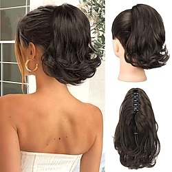 Ponytail Extension, 10 Short Claw Clip in Pony Tails Hair Extensions Curly Wavy Synthetic Drawstring Ponytail Hair pieces for Women Girls Dark Brown