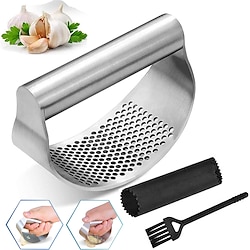 Garlic Press Set - Stainless Steel Rocker Garlic Press with Black Peeler and Cleaning Brush, Mincer Crusher and Chopper for Easy Garlic Preparation