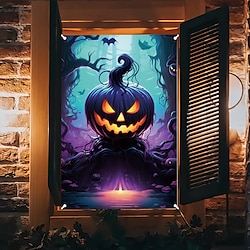 Halloween Window Cover Decorations, Fabric Purple Pumpkin Halloween Curtain Horror Movie Poster Window Door Covering Decor for Haunted House, Scary Halloween Window Clings Decals Indoor Outdoor