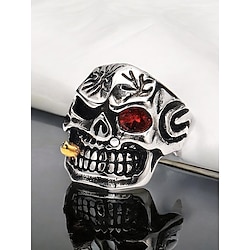 Men's Skull Rings with Red Gemstone Eyes and Intricate Carvings - Gothic Punk Jewelry for Halloween and Biker Style