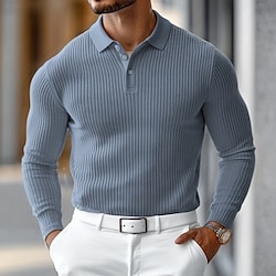 Men's Polo Shirt Rib Knit Top Business Casual Ribbed Polo Collar Long Sleeve Fashion Basic Solid Color Knitting Fall Winter Regular Fit Dark Grey White Dark Green Polo Shirt