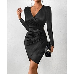 Women's Black Dress Mini Dress Ruched Casual V Neck Long Sleeve Silver Black Red Color