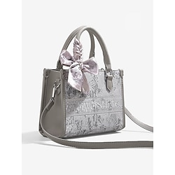 Women's Elegant Silver Floral Embossed Handbag with Oversized Bow | Versatile Crossbody Bag for Evening Events and Daily Use