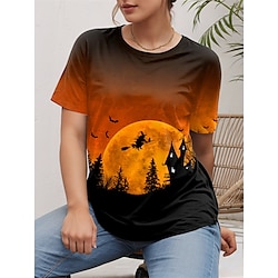 Women's Plus Size Tops T shirt Tee Moon Print Short Sleeve V Neck Casual Halloween Polyester Summer Orange