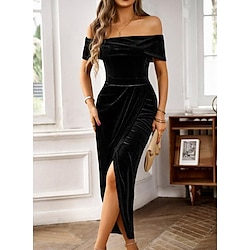 Women's Black Dress Maxi Dress Ruched Split Thigh Casual Off Shoulder Short Sleeve Black Color