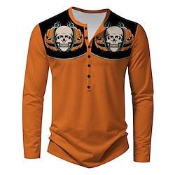 Skeleton Skeleton Men's Print Long Sleeve Shirt Party Festival Halloween T shirt Orange Long Sleeve Henley Shirt Spring   Fall Clothing Apparel Normal S M L XL XXL XXXL