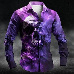 Skull Dark Men's Button Up Shirt Long Sleeve Party Evening Daily Fall Winter Spring  Summer Shirt Collar Button Up 3D Print Thin Purple Fuchsia Green Polyester