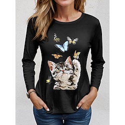 Women's T shirt 100% Cotton Tee Daily Stylish Casual Long Sleeve Black Spring  Fall