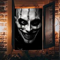 Halloween Window Cover Decorations, Fabric Creepy Halloween Curtain Horror Movie Poster Window Door Covering Decor for Haunted House, Scary Halloween Window Clings Decals Indoor Outdoor