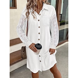 Women's Plain Dress Mini Dress Lace Patchwork Casual Shirt Collar Long Sleeve White Color