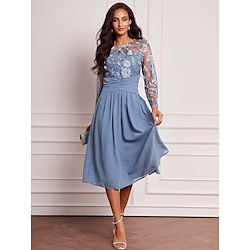 Women's Vintage Dress Midi Dress Ruched Mesh Elegant Casual Crew Neck Long Sleeve Blue Color