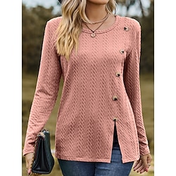 Women's Going Out Tops Solid Color Button Asymmetrical Daily Stylish Basic Long Sleeve Crew Neck Dusty Rose Spring Fall