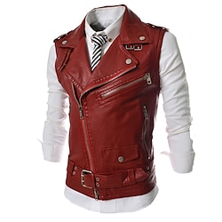 Men's Vest Gilet Leather Vest Daily Date Vacation Fashion Casual Spring   Fall Pocket Polyester Comfortable Plain Zipper Lapel Regular Fit Black White Red Vest