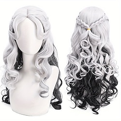 Heat Resistant 26-inch Long Curly Middle Part Cosplay Wig Anime Theme Coily Synthetic Hair Rose Net Cap Halloween and Festival Party Costume Accessory - Black and White Mix