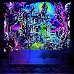 Halloween Decorations Blacklight Tapestry UV Reactive Glow in the Dark Glow Party Skulls Psychedelic Trippy Haunted House Hanging Tapestry Wall Art Mural for Living Room Bedroom