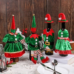 Christmas Elf Themed Bottle Covers, Decorative Table Pieces, and Props for a Festive Ambience at Christmas Dinner