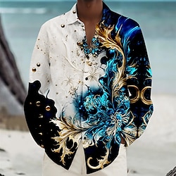 Graphic Hawaiian Casual Men's Button Up Shirt Beach Shirt Long Sleeve Daily Vacation Fall Winter Spring  Summer Collared Shirts 3D Print Thin Black Blue Orange Light Blue Polyester