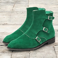 Men's Green Suede Buckle Ankle Boots - Stylish Vintage Design for Casual and Formal Wear