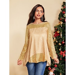 Light in the box Dames Tuniek Blouse Polyester Effen Kleur Dagelijks Casual Lange mouw Strakke ronde hals Goud Lente Herfst