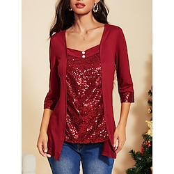 Light in the box Dames Tuniek Blouse Polyester Effen Kleur Dagelijks Casual Lange mouw V-hals Rood Lente Herfst