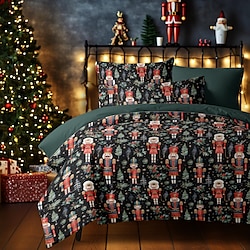 Christmas Duvet Cover Set with Nutcracker Design 100% Cotton Festive Holiday Bedding Includes Duvet Cover and Pillowcases Cozy and Stylish for Seasonal Bedroom Decor Queen King Size