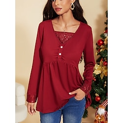 Light in the box Dames Tuniek Blouse Polyester Effen Kleur Dagelijks Casual Lange mouw V-hals Rood Lente Herfst