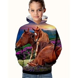 Light in the box Jongens Voor meisjes 3D Grafisch dier Paard Trui met capuchon Lange mouw Herfst Winter Modieus Aanbiddelijk Basic Polyester Kinderen 4-12 jaar Capuchon Buiten Casual Dagelijks Normale pasvorm