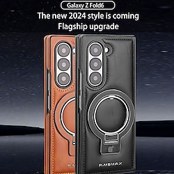 Phone Case For Samsung Galaxy Z Fold 6 Z Fold 5 Z Fold 4 Z Fold 3 Back Cover with Stand Holder Support Wireless Charging Shockproof Retro TPU PU Leather