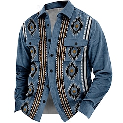 Men's Ethnic Cowboy Corduroy Shirt Shirt Jacket Long Sleeve Vintage Tribal Outdoor Dailywear Fall  Winter Turndown Collared Shirts Buttons 3D Print 2 Pockets 1pc Navy Blue