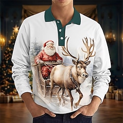 Christmas Men's Santa Claus Deer Polo Shirt Golf Polo Long Sleeve Polo Shirts Collar Casual Party Evening Dailywear Vacation Button 3D Print White Red Green