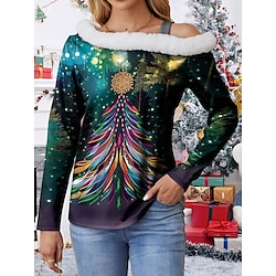 Light in the box Dames Sweatshirt Polyester Kerstboom Kerstmis Straat Lapwerk Afdrukken Casual bontkraag Lange mouw Micro-elastisch Herfst Winter