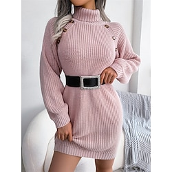 Light in the box Dames Trui jurk Coltrui Geribd breien nappi Gebreid Herfst Winter Buiten Dagelijks Weekend Casual Zacht Lange mouw Heldere kleur Wit Blozend Roze