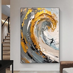 Light in the box handgeschilderd abstract dik verf paletmes schilderij gouden golven met surfer textuur gelaagde kunst voor woonkamer entree eetkamer frame klaar om op te hangen of geen frame