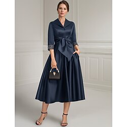 Navy Blue A-Line Dress Mother of the Bride Dress Elegant Satin Simple Shirt Collar Tea Length 3/4 Length Sleeve with Sash / Ribbon Beading Solid Color 2025