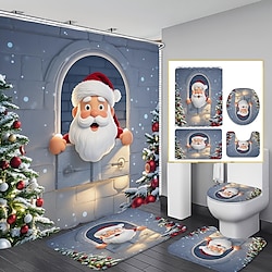 Light in the box 4-delige kerstdouchegordijnset - decoratie voor de badkamer met feestelijk vakantieontwerp, inclusief douchegordijn, mat, deksel en toiletmat