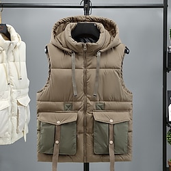 Light in the box Voor heren Puffervest Gewatteerd Gewatteerd vest Dagelijks Afspraakje Vakantie Modieus Casual Herfst winter Capuchon Polyester Houd Warm Comfortabel Effen Kleur Rits Opstaand Normale pasvorm Zwart