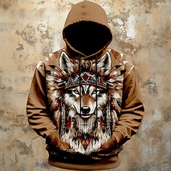 Light in the box Voor heren Wolf Hoodies Overkleding Sweatshirt met capuchon Strakke ronde hals Modieus 3D-afdrukken Feestdagen Uitgaan Streetwear Bruin Trekkoord Herfst Winter Ontwerper