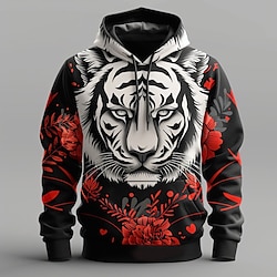 Light in the box Voor heren Tijger Hoodies Sweatshirt Overkleding Sweatshirt met capuchon Strakke ronde hals Modieus 3D-afdrukken Feestdagen Uitgaan Streetwear Zwart Trekkoord Herfst Winter Ontwerper