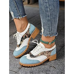 Women's Retro Oxford Shoes - Lace-Up Brogue Style with Floral Prints and Color Block Design for Casual Outfits