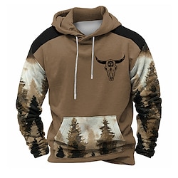 Light in the box Voor heren Buffalo Hoodies Sweatshirt Overkleding Sweatshirt met capuchon Strakke ronde hals Modieus 3D-afdrukken Feest Jagen Bruin Trekkoord Herfst Winter Ontwerper